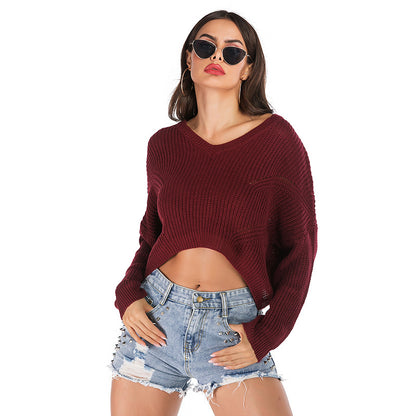 LOVEVOP  Popular trade popular autumn and winter ,  and  irregular V-neck pullover short navel knitted sweater women