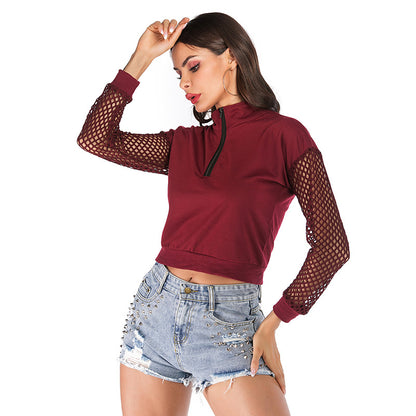 LOVEVOP 2025 New women's clothing autumn long-sleeved stand-up collar solid color zipper mesh perspective bottoming sweater women's short models