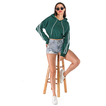 LOVEVOP New popular autumn 2025 women's clothing sports striped green short long-sleeved hooded navel sweater women