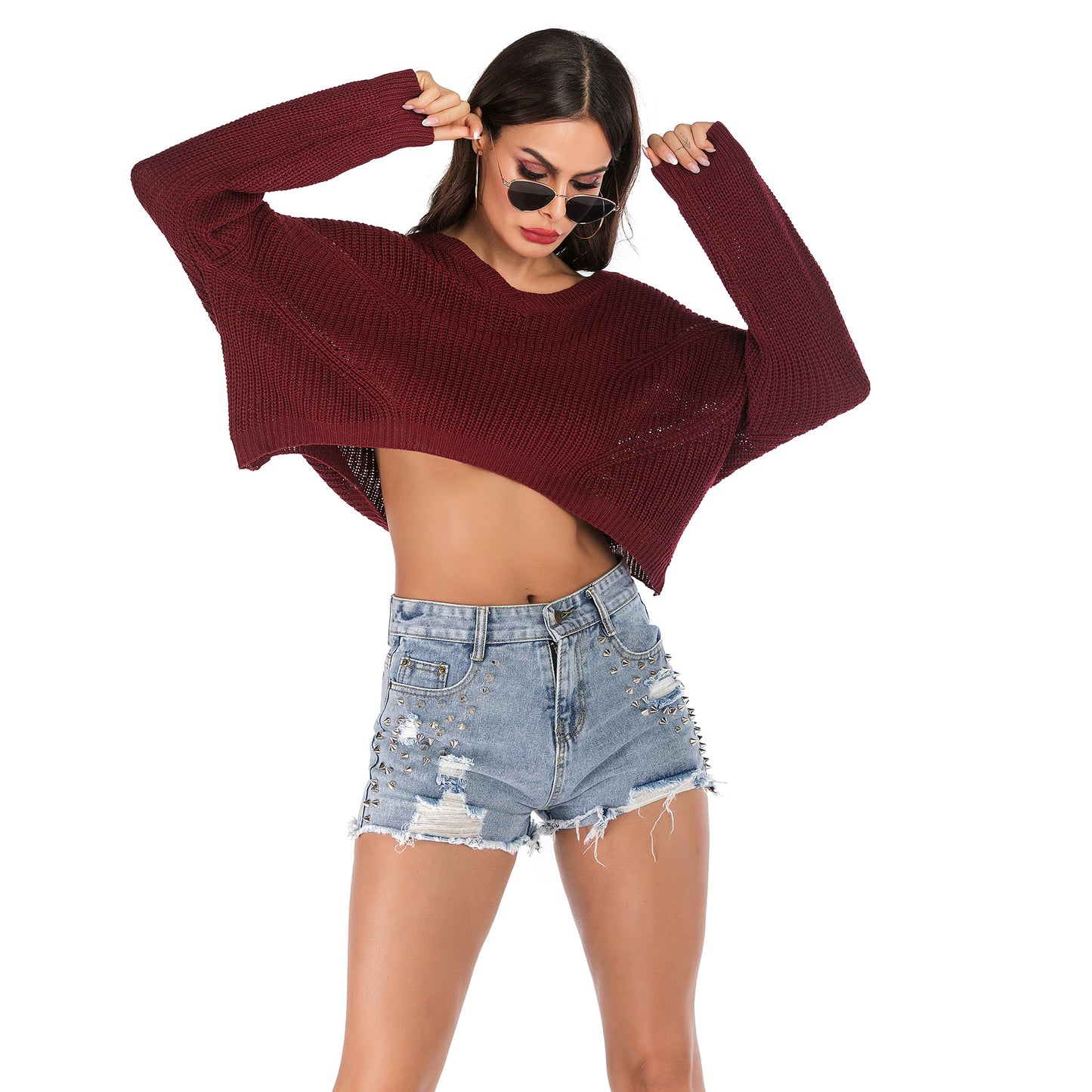 LOVEVOP  Popular trade popular autumn and winter ,  and  irregular V-neck pullover short navel knitted sweater women