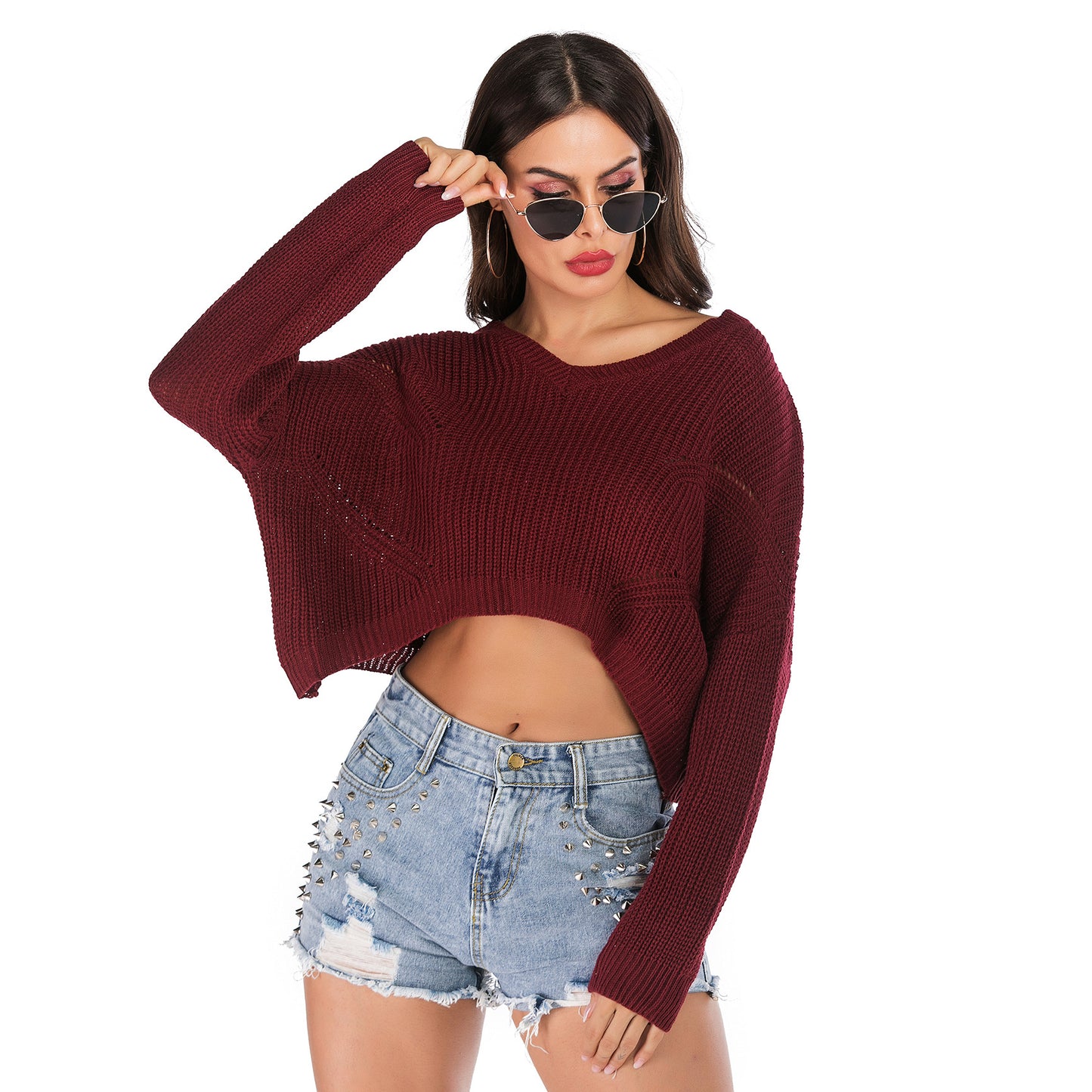 LOVEVOP  Popular trade popular autumn and winter ,  and  irregular V-neck pullover short navel knitted sweater women