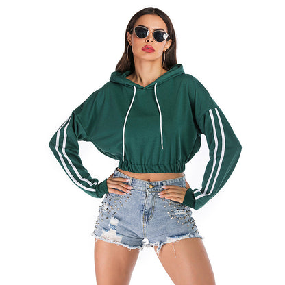 LOVEVOP New popular autumn 2025 women's clothing sports striped green short long-sleeved hooded navel sweater women