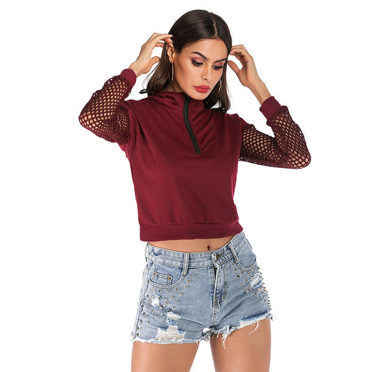 LOVEVOP 2025 New women's clothing autumn long-sleeved stand-up collar solid color zipper mesh perspective bottoming sweater women's short models