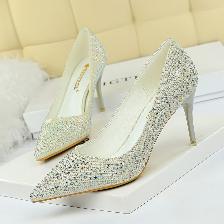 2025 9219-A22 Korean version of fashion wedding shoes, high heels, stiletto heels, shallow mouth, pointed head, sexy banquet rhinestone shoes