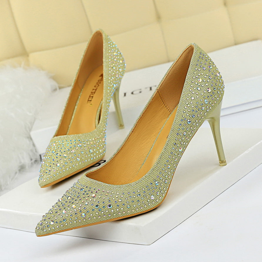 2025 9219-A22 Korean version of fashion wedding shoes, high heels, stiletto heels, shallow mouth, pointed head, sexy banquet rhinestone shoes