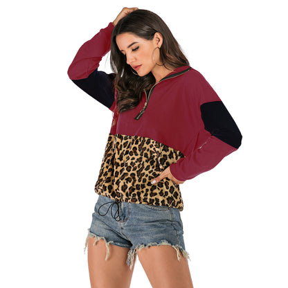 LOVEVOP New Popular trade Popular, 2025 and popular autumn leopard print contrasting sweater women's long-sleeved bottoming hooded splicing hoodie