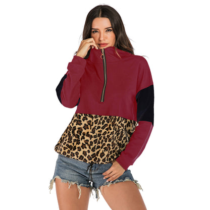 LOVEVOP New Popular trade Popular, 2025 and popular autumn leopard print contrasting sweater women's long-sleeved bottoming hooded splicing hoodie