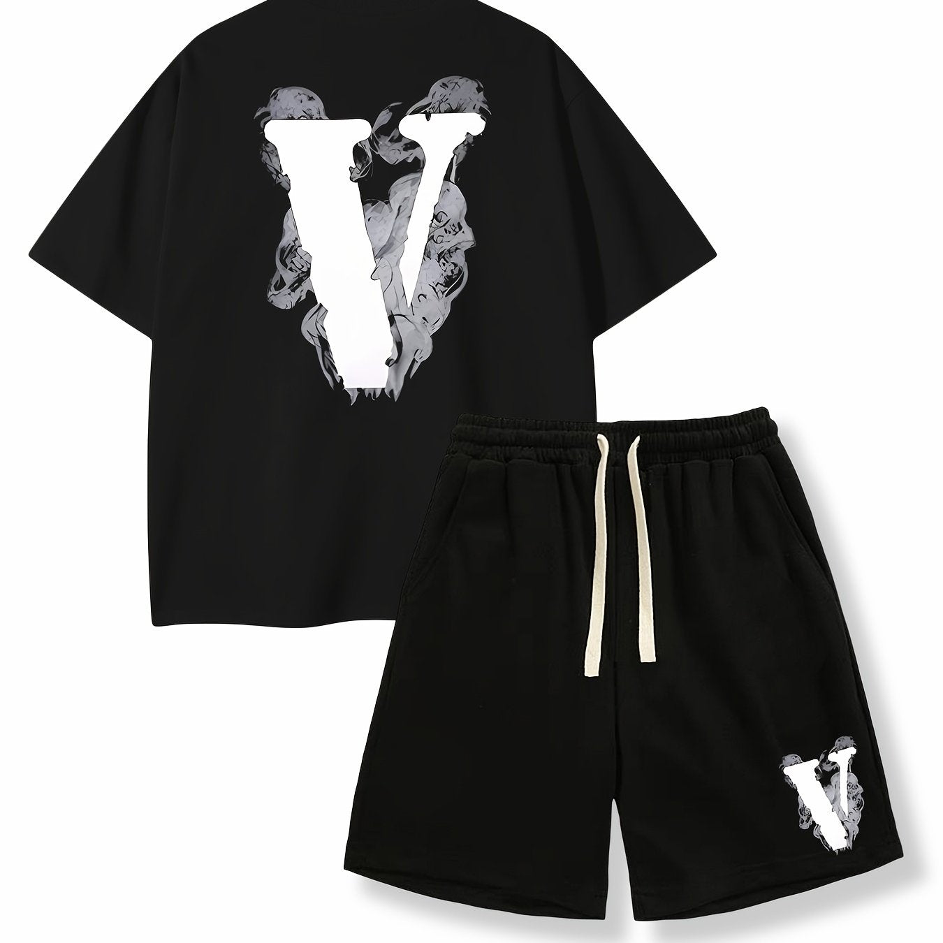 「lovevop」Men's Crew Neck Short Sleeve T-shirt Summer Letter V Print Drawstring Shorts Two-piece Suit