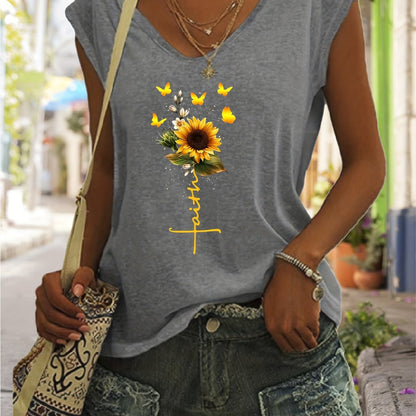 「lovevop」Sunflower Print Tank Top, Sleeveless Casual Top For Spring & Summer, Women's Clothing