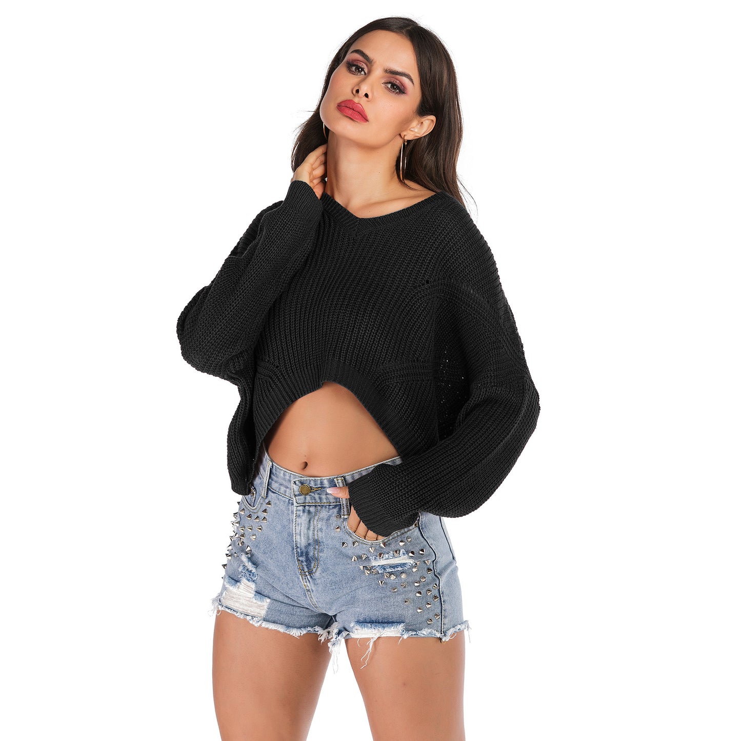 LOVEVOP  Popular trade popular autumn and winter ,  and  irregular V-neck pullover short navel knitted sweater women