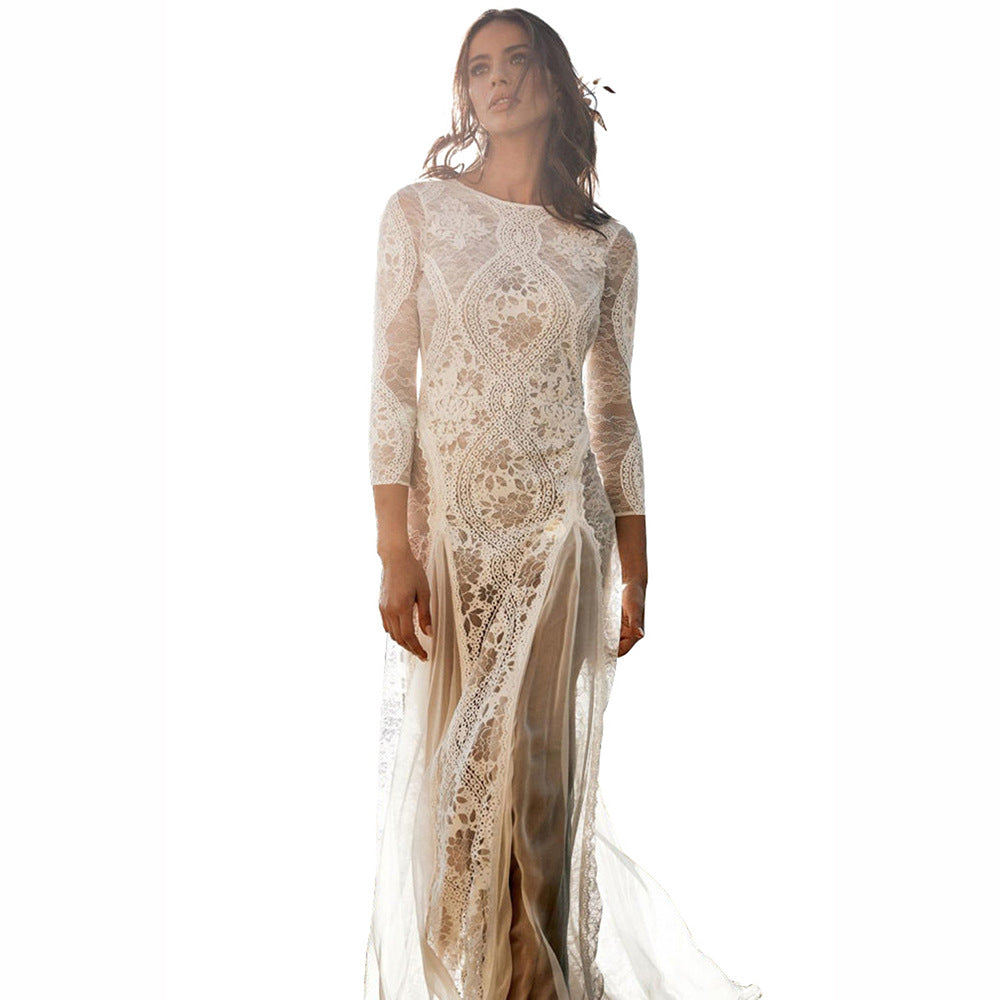 Spring New  Women's Dress Crew Neck Long Sleeve Hollow Backless Lace Celebrity Banquet Wedding Dress