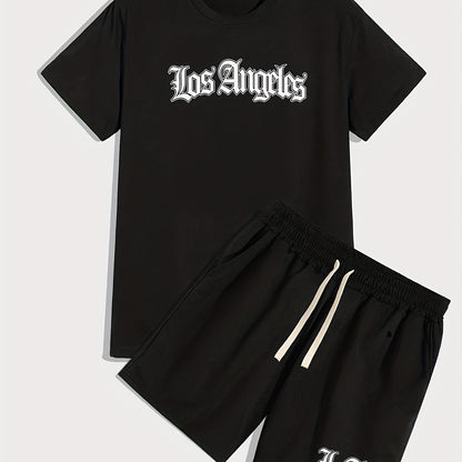 「lovevop」Los Angeles, Men's 2 Pieces Outfits, Round Neck Short Sleeve T-Shirt And Drawstring Shorts Set