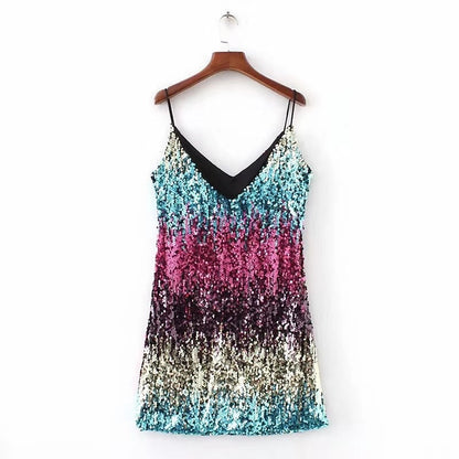 summer New  women's clothing new wish dress sleeveless sexy short skirt sequined V-neck suspender short skirt