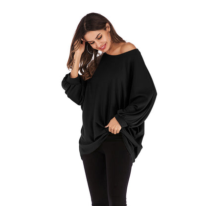 LOVEVOP 2025 New autumn round neck thin solid color long-sleeved top women's knitted sweater bat sleeve loose pullover women's clothing