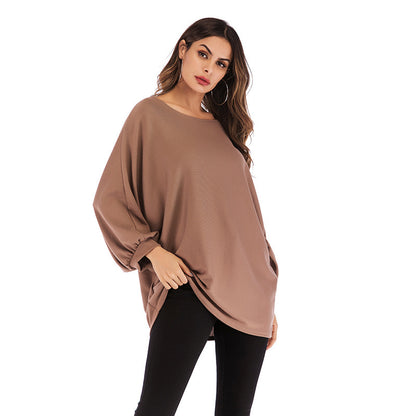 LOVEVOP 2025 New autumn round neck thin solid color long-sleeved top women's knitted sweater bat sleeve loose pullover women's clothing