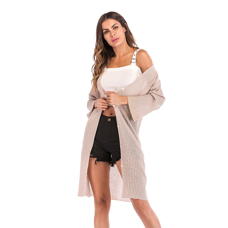 LOVEVOP Europe and the United States  Hot autumn and winter knitted sweater medium and long outer wear single-breasted cardigan casual sweater jacket women's clothing