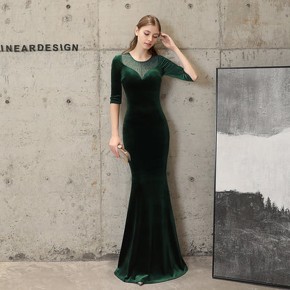 18037 #fishtail evening dress women's high-end atmosphere elegant banquet annual meeting temperament black velvet aura queen