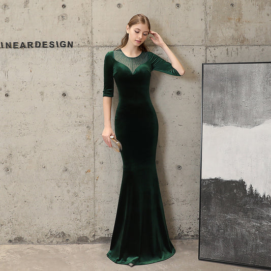 18037 #fishtail evening dress women's high-end atmosphere elegant banquet annual meeting temperament black velvet aura queen