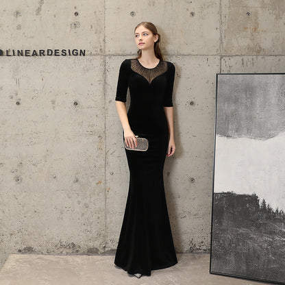 18037 #fishtail evening dress women's high-end atmosphere elegant banquet annual meeting temperament black velvet aura queen