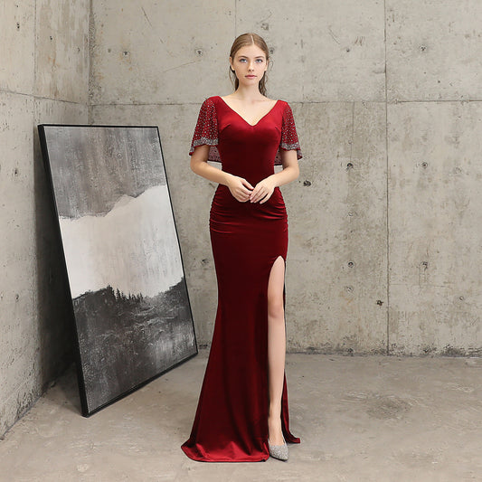 18110 #velvet beads hot diamond fishtail banquet elegant temperament annual meeting host car model party long dress female winter