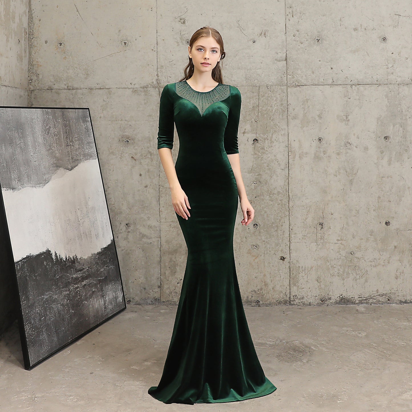 18037 #fishtail evening dress women's high-end atmosphere elegant banquet annual meeting temperament black velvet aura queen