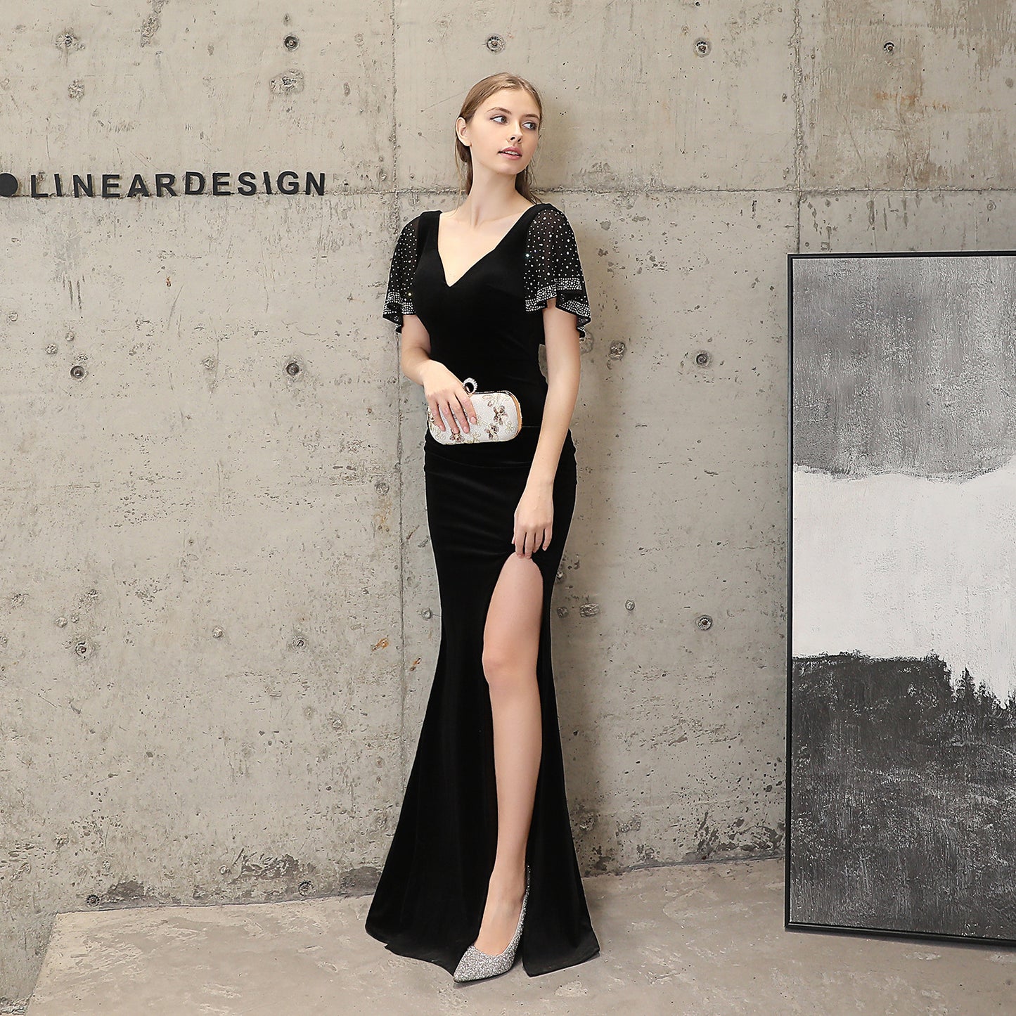 18110 #velvet beads hot diamond fishtail banquet elegant temperament annual meeting host car model party long dress female winter