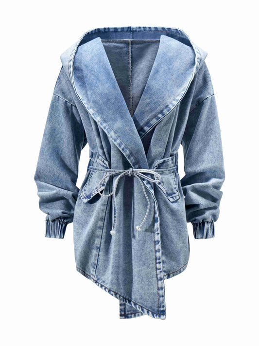 Lovevop-Belted Closure Elastic Band Cuff Denim Hooded Jackets, Elastic Belt Non Button Denim Coats, Women's Denim Jackets & Coats, Women's Clothing