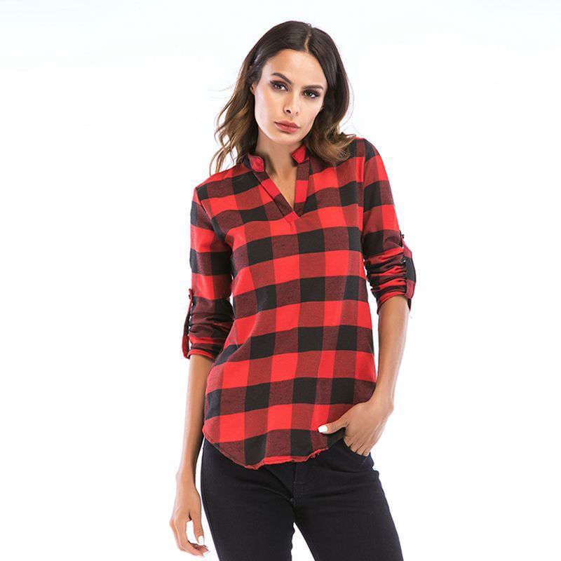 LOVEVOP Pass autumn women's clothing new plaid shirt women's long-sleeved Popular trade 2025 small V-neck shirt slim top women's wholesale