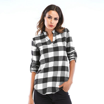 LOVEVOP Pass autumn women's clothing new plaid shirt women's long-sleeved Popular trade 2025 small V-neck shirt slim top women's wholesale