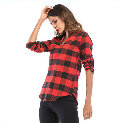 LOVEVOP Pass autumn women's clothing new plaid shirt women's long-sleeved Popular trade 2025 small V-neck shirt slim top women's wholesale