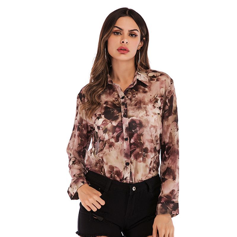 LOVEVOP 2025 New Popular trade fashion printed chiffon shirt single-breasted long-sleeved contrasting dad flower top shirt jacket