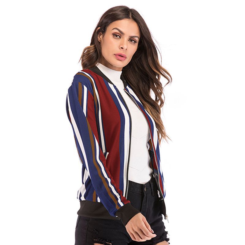 LOVEVOP loose jacket women's new European, American autumn and winter large size color matching vertical striped baseball jacket zipper cardigan