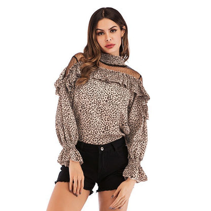 LOVEVOP New South East Asia women's spring new pleated mesh splicing ruffle edge polka dot chiffon shirt top