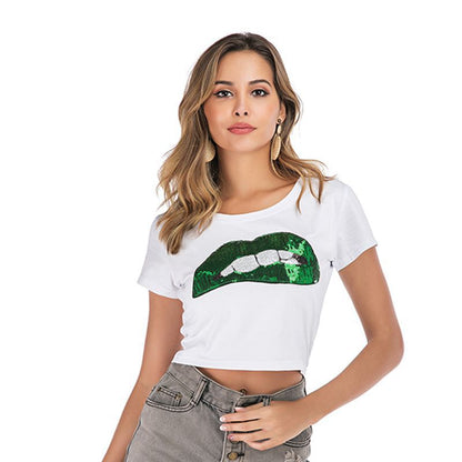 LOVEVOP Popular trade New ins 2025 short T-shirt women's popular summer fashion lip embroidered slim top