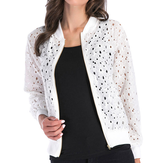 LOVEVOP Hot autumn new lace hook-up hollow blouse zipper cardigan, long-sleeved jacket women