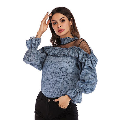 LOVEVOP New South East Asia women's spring new pleated mesh splicing ruffle edge polka dot chiffon shirt top