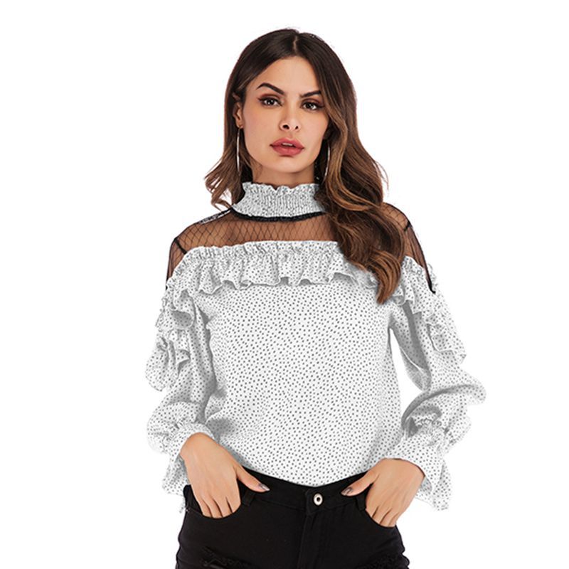 LOVEVOP New South East Asia women's spring new pleated mesh splicing ruffle edge polka dot chiffon shirt top