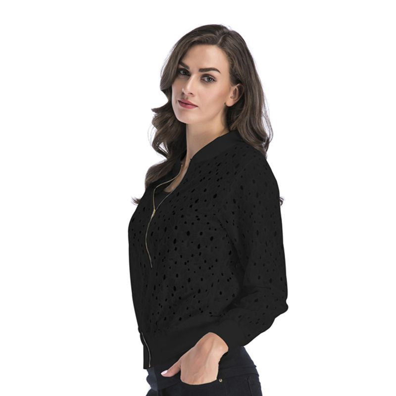 LOVEVOP Hot autumn new lace hook-up hollow blouse zipper cardigan, long-sleeved jacket women