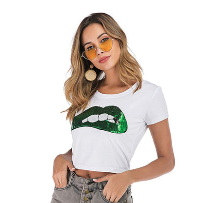 LOVEVOP Popular trade New ins 2025 short T-shirt women's popular summer fashion lip embroidered slim top