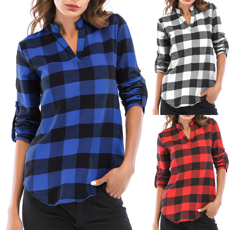 LOVEVOP Pass autumn women's clothing new plaid shirt women's long-sleeved Popular trade 2025 small V-neck shirt slim top women's wholesale