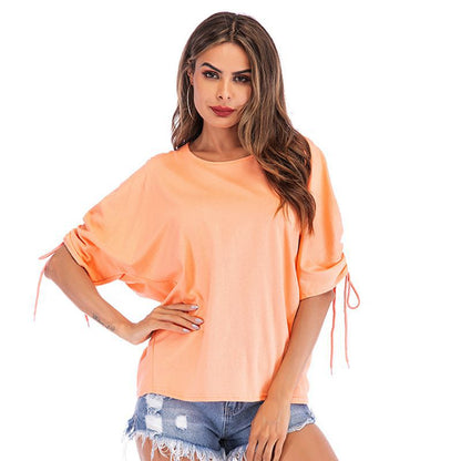 LOVEVOP popular Popular, 2025,  Cross-border Hot Trade Summer Women's Clothing Short Sleeve Solid Color Crew Neck Lace-Up T-Shirt Women's Top