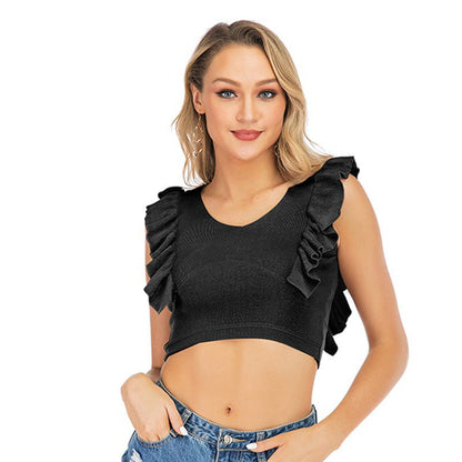 LOVEVOP popular summer new 2025 pleated ruffle edge slim and thin solid color versatile knitted sling vest short top