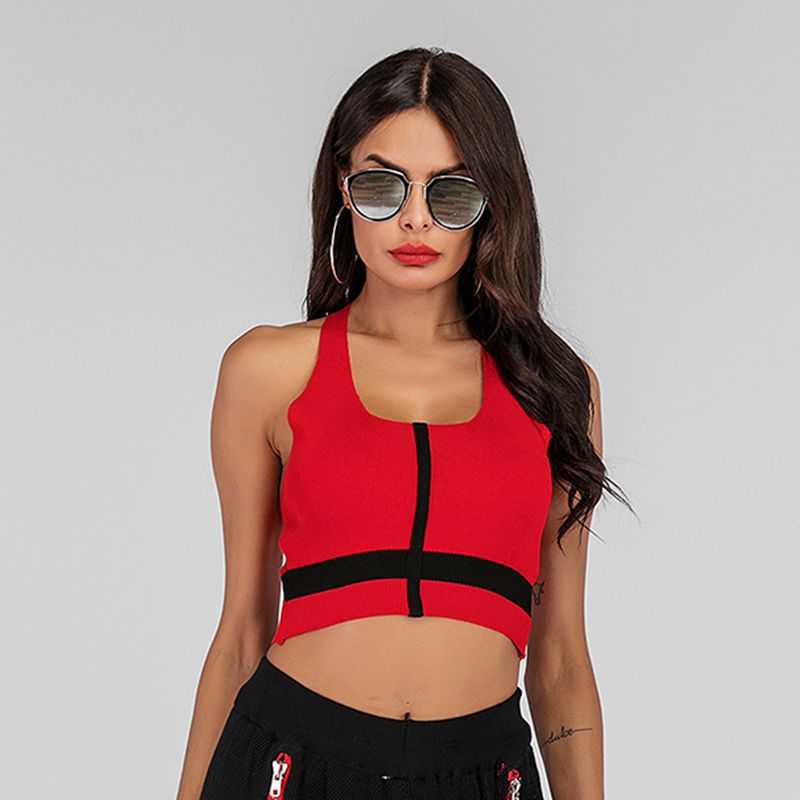 LOVEVOP popular 2025 new knitted vest women's outer wear short navel-exposed hollow neck-hanging contrasting suspender top