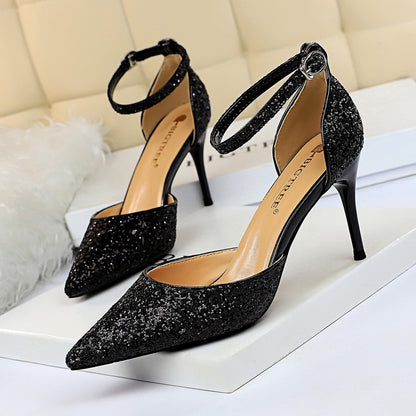 2025 283-A1  sexy nightclub women's shoes high heel shallow mouth pointed metal thin heel with sequined hollow sandals