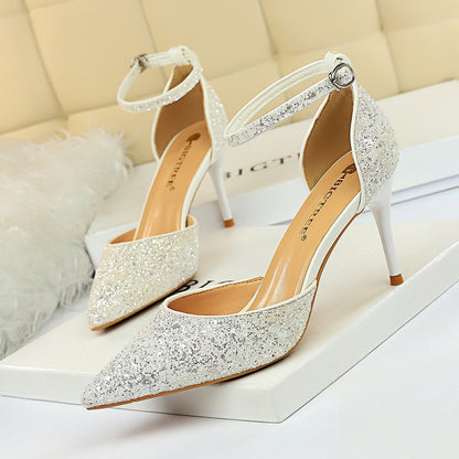 2025 283-A1  sexy nightclub women's shoes high heel shallow mouth pointed metal thin heel with sequined hollow sandals