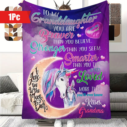 1pc Cozy Cartoon Unicorn Print Flannel Blanket - Soft, Warm, Multi-Purpose Throw for Couch, Sofa, Office, Bed, Camping, Travel - Perfect Gift for Granddaughter from Grandma, All Season, Indoor, Outdoor, Nap, Snuggle, Relaxation