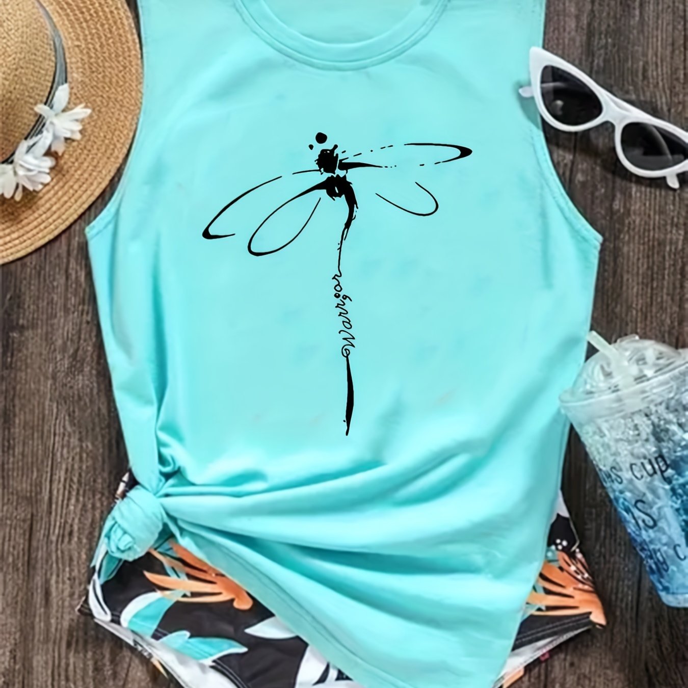 「lovevop」Dragonfly Print Tank Top, Casual Crew Neck Sleeveless Summer Tank Top, Women's Clothing