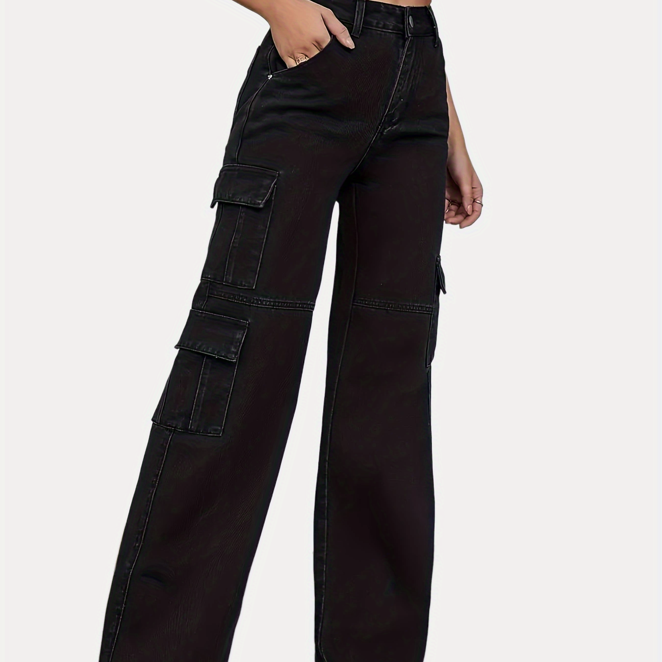 「lovevop」Flap Side Pocket Black High Waist Denim Pants, Cargo Pocket Casual Wide Leg Jeans, Stylish & Trendy, Women's Denim Jeans & Clothing