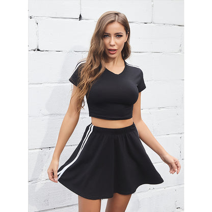 LOVEVOP 2025 outdoor short-sleeved top short skirt casual sports suit women's summer fashion short striped sweater two-piece set