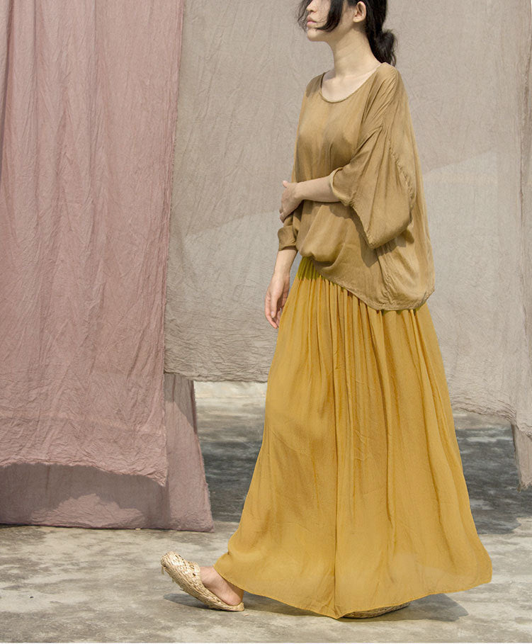 spring and summer elastic waist pendulum turmeric double crepe skirt